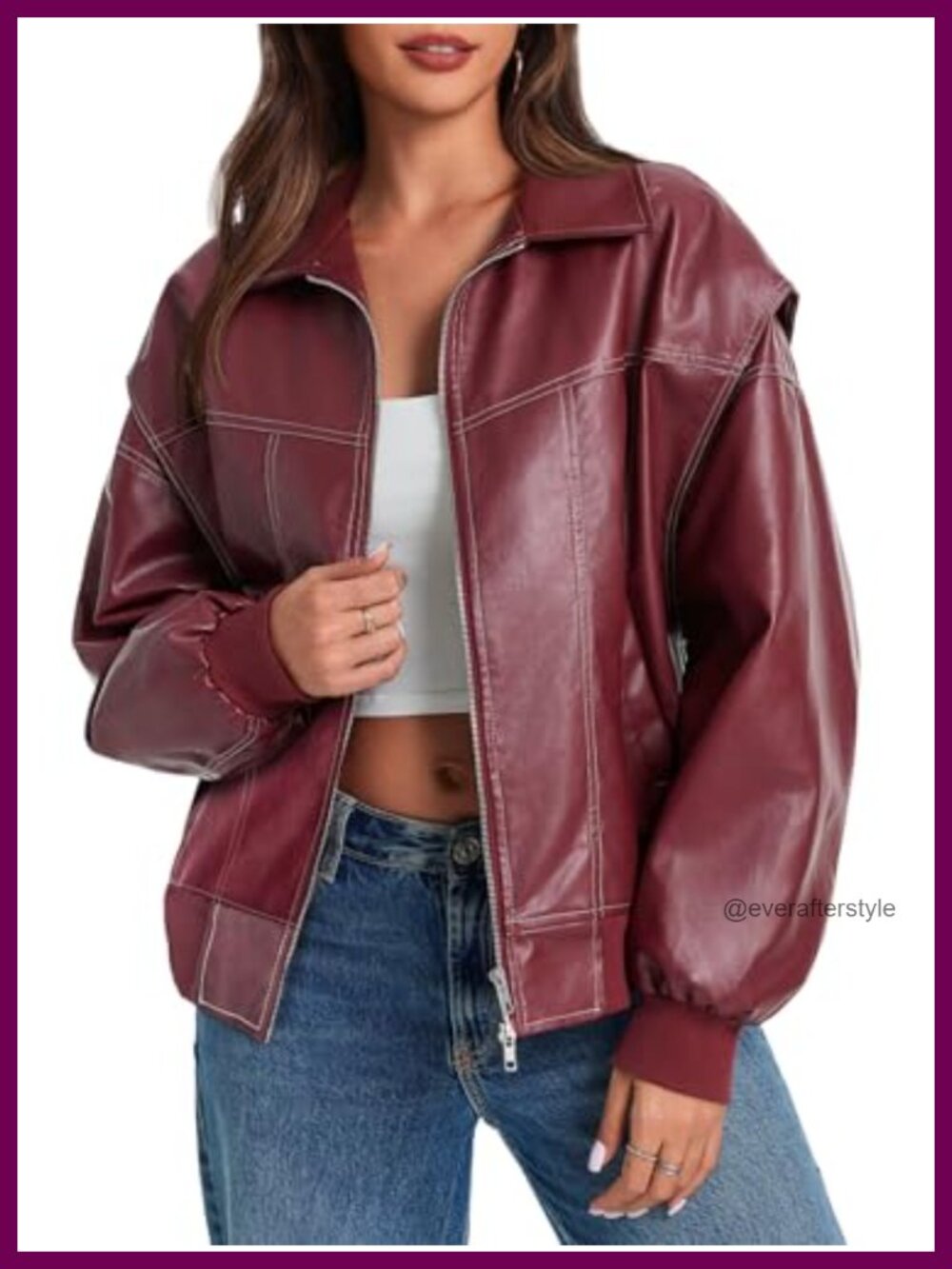 Oversized Faux Leather Bomber Jacket Zip Up Moto Biker Coat